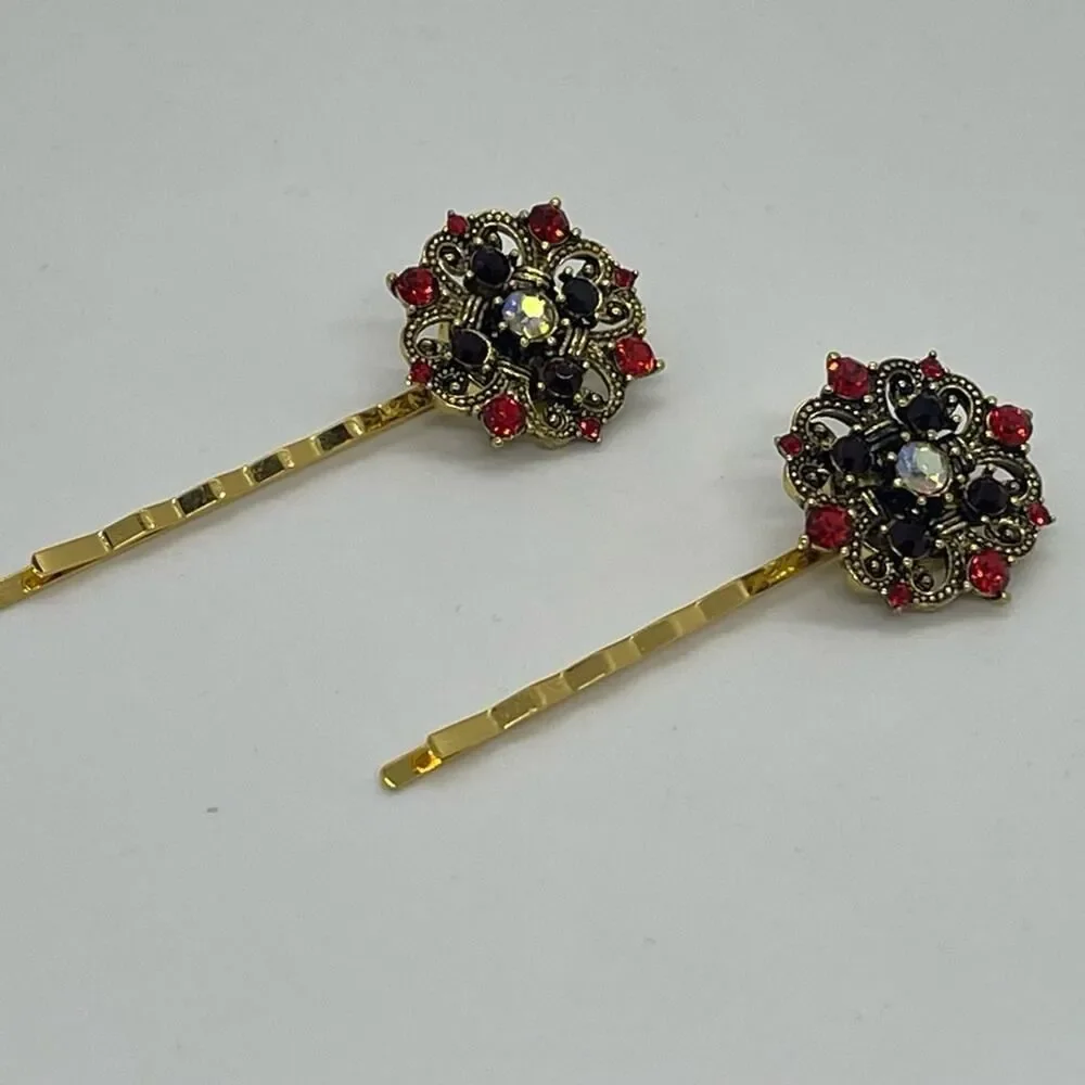Handmade Red Iridescent Rhinestone Gold Set Hair Clips HoCo Fairy Jewelry NWT